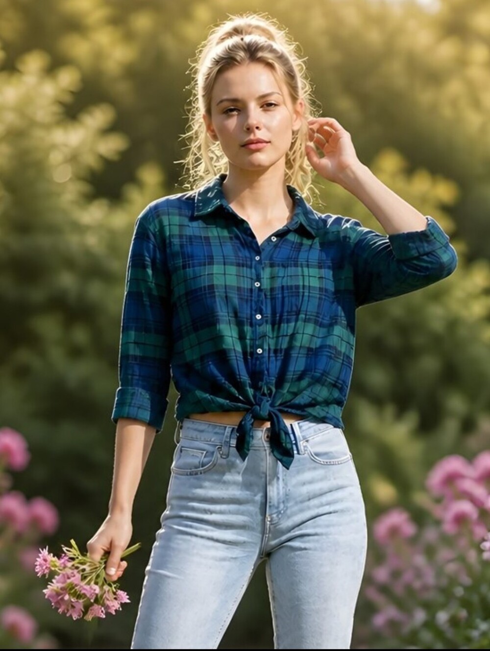 Style Envy Green Blue Plaid Tie Front Button Down Shirt Long Sleeves Lg - Picture 13 of 16
